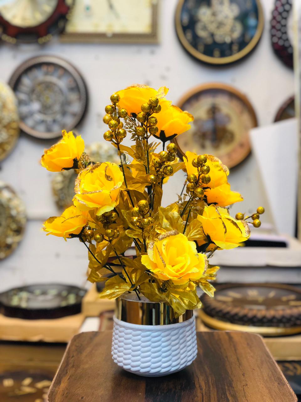 20” Yellow Artificial Flower Arrangement with White Unbreakable Pot & Gold Steel Neck | Luxury Home & Office Décor