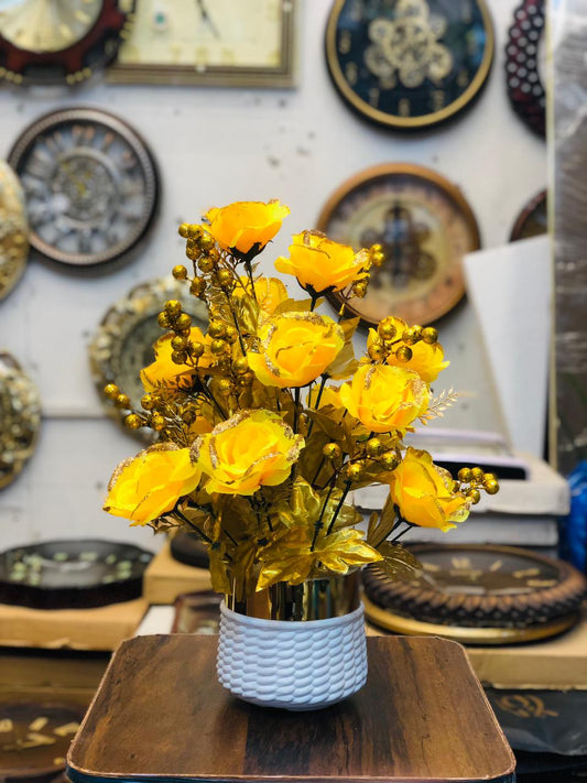 20” Yellow Artificial Flower Arrangement with White Unbreakable Pot & Gold Steel Neck | Luxury Home & Office Décor