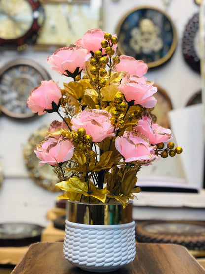 20” Pink Artificial Flower Arrangement with White Unbreakable Pot & Gold Steel Neck | Luxury Home & Office Décor