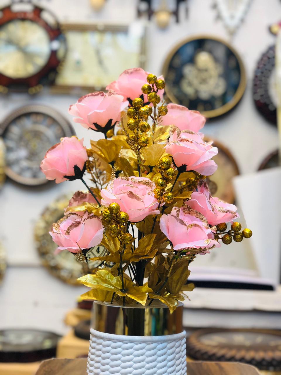 20” Pink Artificial Flower Arrangement with White Unbreakable Pot & Gold Steel Neck | Luxury Home & Office Décor