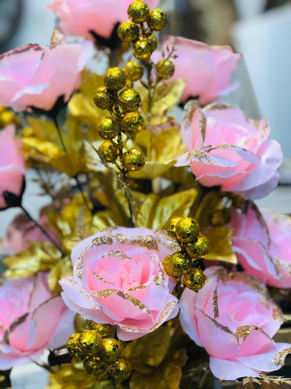 20” Pink Artificial Flower Arrangement with White Unbreakable Pot & Gold Steel Neck | Luxury Home & Office Décor