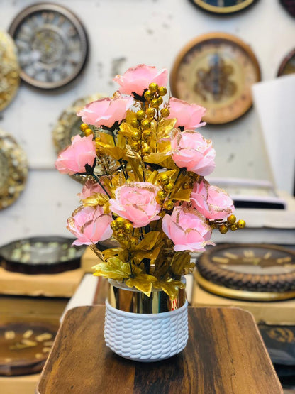 20” Pink Artificial Flower Arrangement with White Unbreakable Pot & Gold Steel Neck | Luxury Home & Office Décor