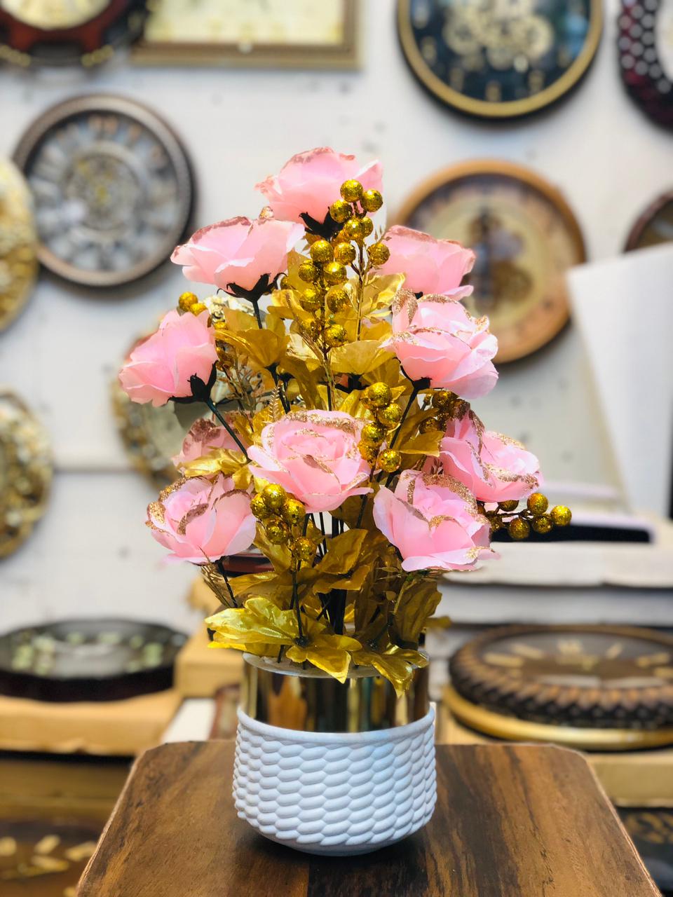 20” Pink Artificial Flower Arrangement with White Unbreakable Pot & Gold Steel Neck | Luxury Home & Office Décor